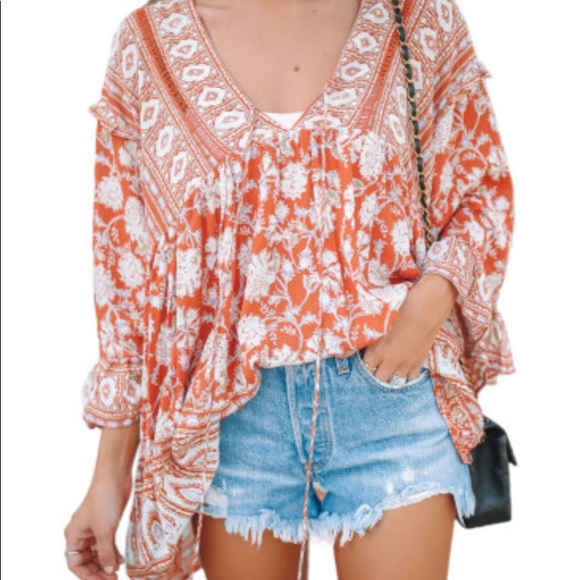 •L• Fall Rustic Boho Peasant Flower Tunic New - Picture 5 of 8